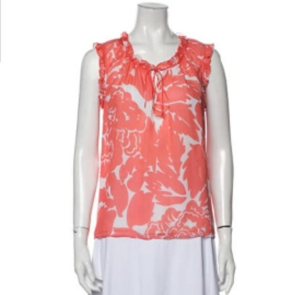 DVF orange & white silk V-Neck sleeveless top women's size 4 (282) - Picture 2 of 6